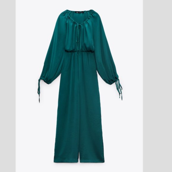 Zara V-Neck Satin Effect Jumpsuit Teal Sz XS NWT - Picture 7 of 10